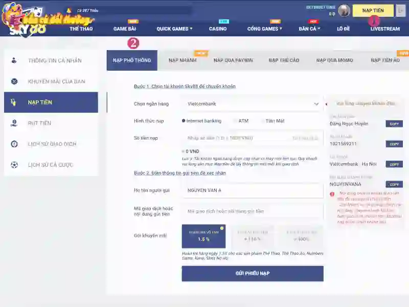 Nhiều hình thức nạp tiền trên Sky88 Nhiều hình thức nạp tiền trên Sky88